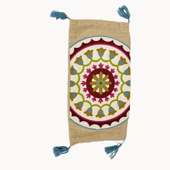 Rectangular Boho Multicolor Mosaic Beige Burlap Blue Tasseled Pillow Sham Cover - Picture 1 of 12